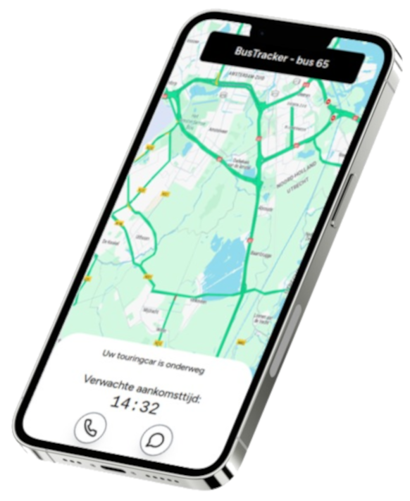 Mockup van een mobiele telefoon met de BusTracker-app, waarmee klanten realtime inzicht hebben in buslocaties.